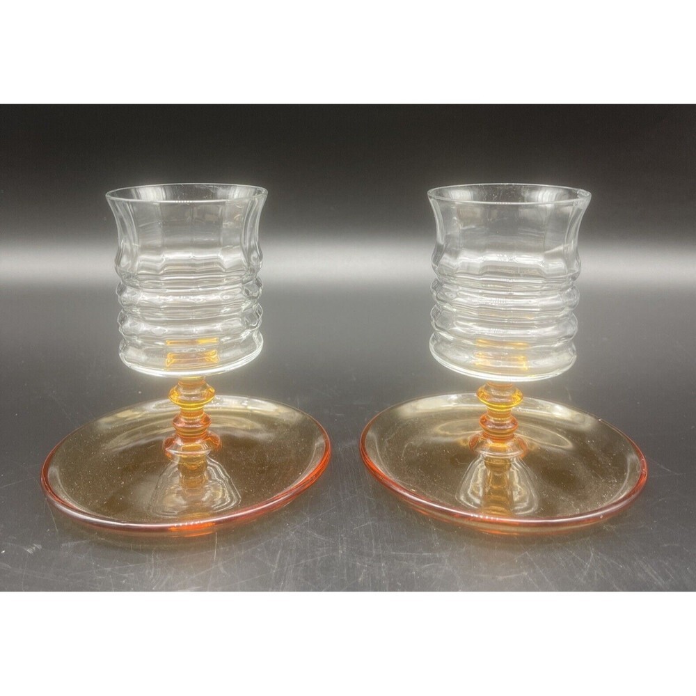 VTG Fostoria Clear & Amber Ribbed Glass Cigarette Holder Ashtray Set Of 2 EUC‎